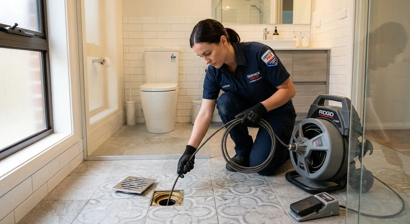 Technician clearing a bathroom floor drain for Sewer Line Installation in Marion